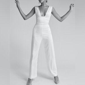 Sarah Seven Ivory Deep-V Wide Leg Jumpsuit